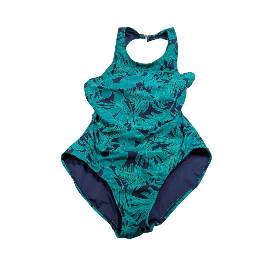 Lands' End Women Tropical Palm Print One Piece Swimsuit L Green Blue